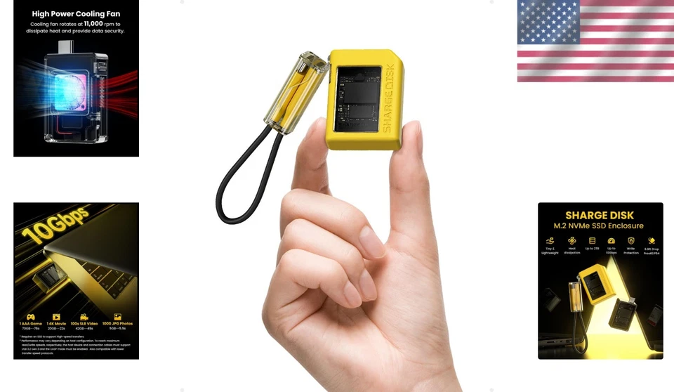 Durable 2TB M.2 NVMe SSD Enclosure - 10Gbps USB C with Active Cooling, Yellow - Image 2 of 4