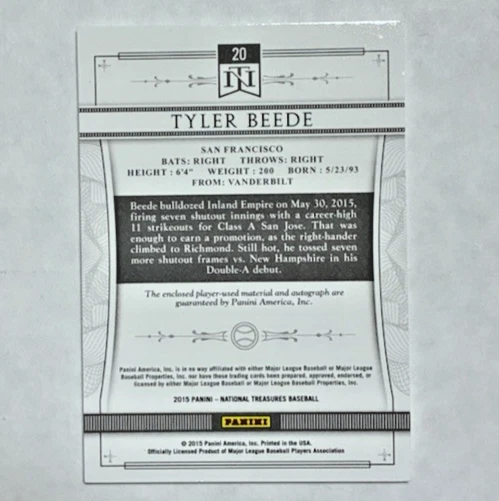 Parche automático Panini National Treasures Prospect Silhouette Tyler Beede 2015/99 Foto 2 de 2