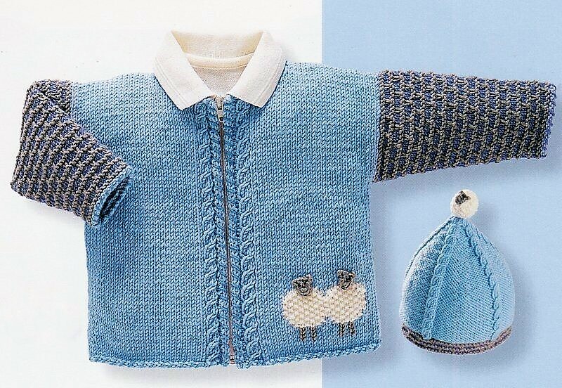 Baby Boys Sheep Motif Sweater Hat Scarf Jacket DK Knitting Pattern 16