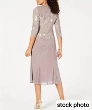 Alex Evenings Sequined A-Line Midi Dress and Jacket Pewter Size 6 Pewter Flowy 