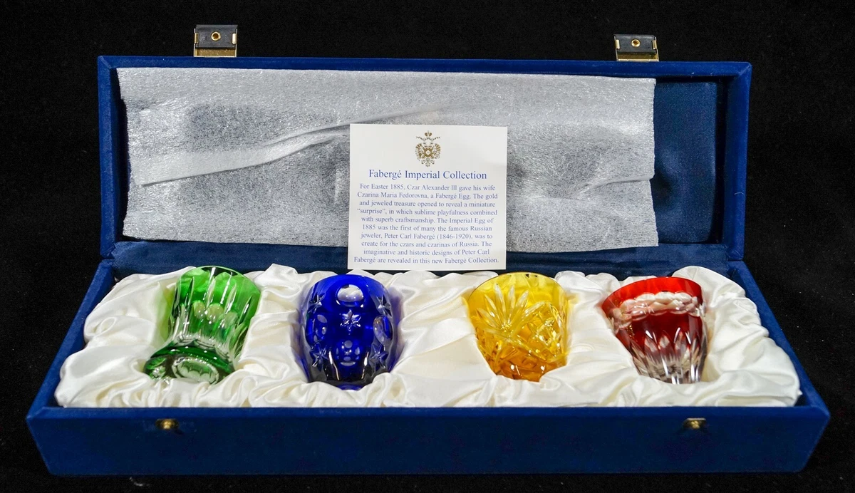 Faberge Vodka Shot Glasses with Original Branded Blue Velvet Padded Box and Card www