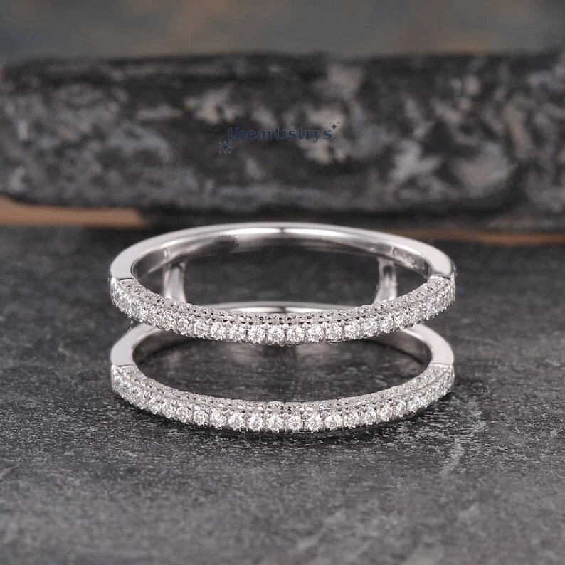 Moissanite Enhancer Guard Wedding Band 0.80 Carat Round Cut Solid 14K White Gold - Image 3 of 4