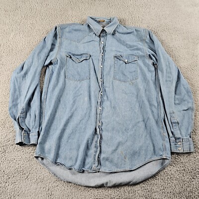 Plainsman Shirt Mens XLT Blue Chambray Pearl Snap Western Cowboy Work Rancher