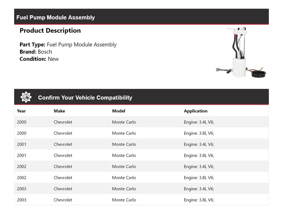 Conjunto de módulo de bomba de combustible para Chevrolet Monte Carlo Bosch 2000-2003 2001 2002 Foto 2 de 4