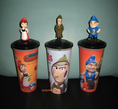 SHERLOCK GNOMES mit 3 Topper / Figuren SET KINO TRINK BECHER CINEMA MOVIE CUP