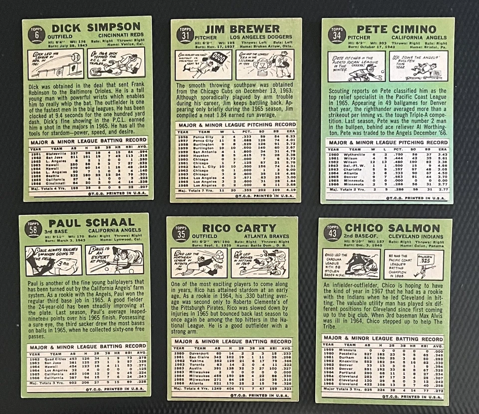 Lote de 6 tarjetas de béisbol 1967 Topps tinte azul alta calidad sin pliegues - todas centradas Foto 3 de 4