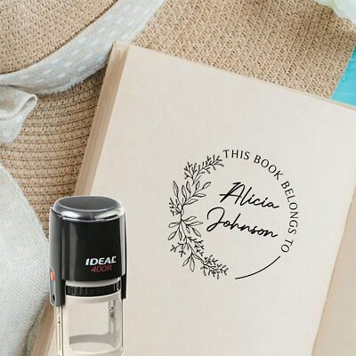 Library Stamp: This Book Belongs to with Custom Name and Floral Design - 1-5/8''