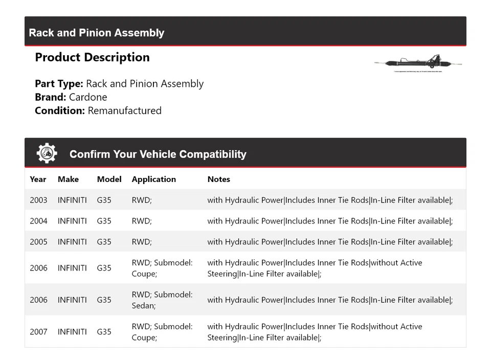 Conjunto de piñón y cremallera Cardone 2004 2005 2006 para Infiniti G35 2003-2007 tracción trasera Foto 2 de 4