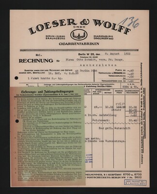 Berlin, invoice 1933, Loeser & Wolff GmbH cigar factories