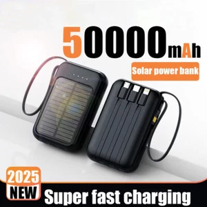 Solar Power Bank With Cables LED Light Fast Charger 2 USB Ports 5000-20000mAh