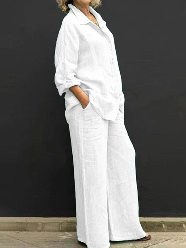 Damen Baumwolle Leinen Anzug Hemd Lockere Hose Set Langarm Freizeit Sets Sommer - Bild 14 von 32