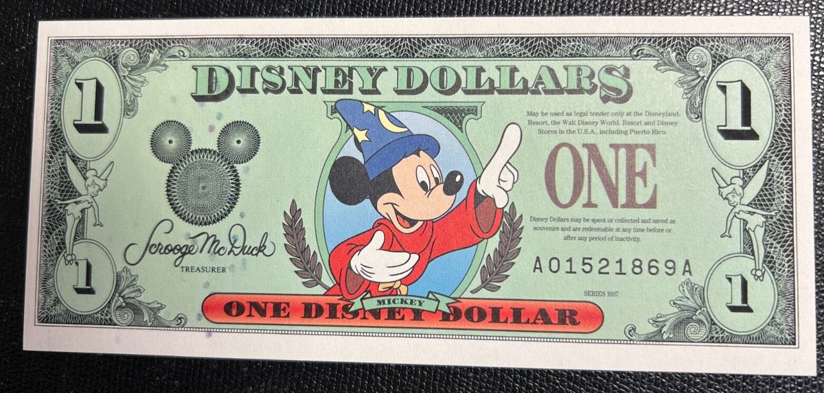 Disney Dollar Mickey 1997 $1 one dollars A01521869A 7Digits UNC W