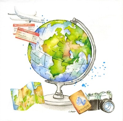 P052# 3 x Single Paper Napkins Decoupage World Globe With Plane Tickets And Map