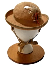 Vtg Girl's Tan Hat by Cinderella New York Brim Ribbons Ear Flaps Wool Mohair?