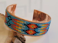 Native American Style Copper Seed Beaded Adjustable Bracelet Cuff Blue Black Red