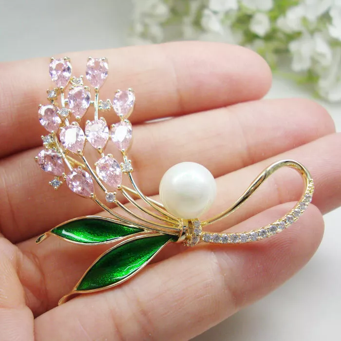 Pretty Pink Flowe Teardrop Woman's Pearl Gold Tone Brooch Pin Party Jewelry