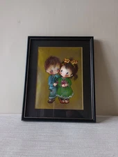 Vintage Kitsch 1970s Picture Big Eye Boy & Girl Framed Dufex Foil Art F J Warren
