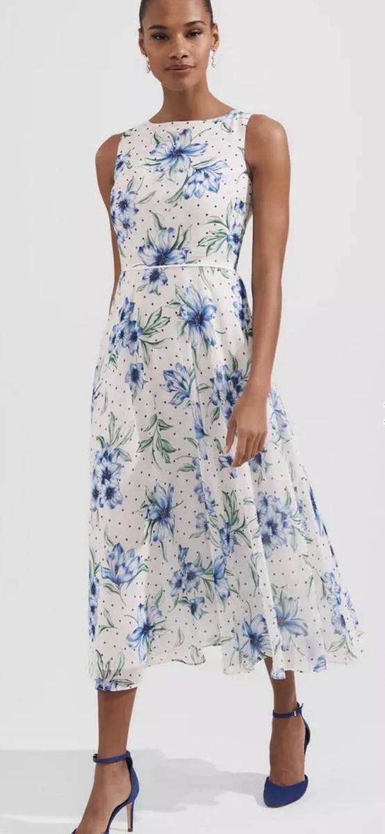 Hobbs Carly Ivory Blue Floral Chiffon Lined Midi Dress UK 14 Wedding Races  | eBay