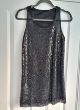 Mango Black Sequin Mini Dress UK 8 Sleeveless Party Evening A Line Lined