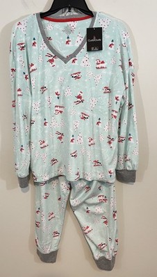 NEW Cuddl Duds Fleece pajamas set womens large Petite Dogs Skiing Trees xmas PL