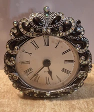 Shontec quartz ornate pewter clock w/rhinestones 3.5 x3 inches  AAA batteries