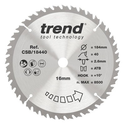 Wood Circular Saw Blade, 184mm Diameter, 16mm Bore, 40 Teeth, HW, 2.6mm Sch...