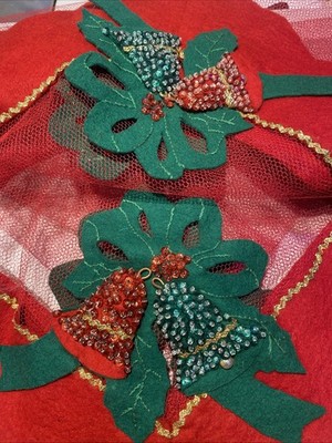 Vintage Bucilla Felt Table Cloth Bells Beaded Holly Sheer Center Christmas
