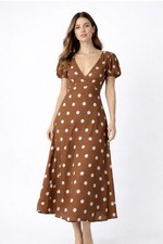 A New Day Women's Maxi Dress Brown Size Medium Polka Dots plunge V-Neck Peasant