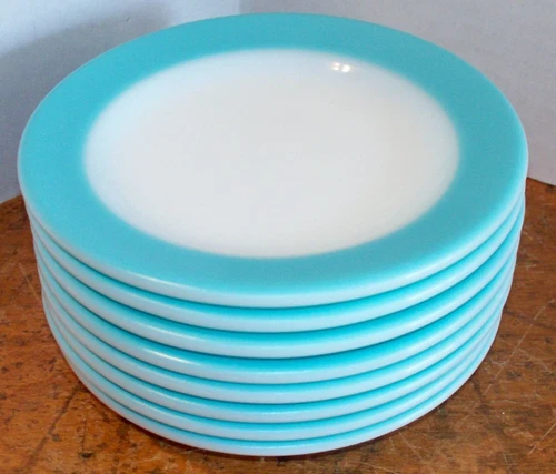8 Vintage Corning Milk Glass Turquoise Aqua Wide Rim Band Plates 5 1/2"