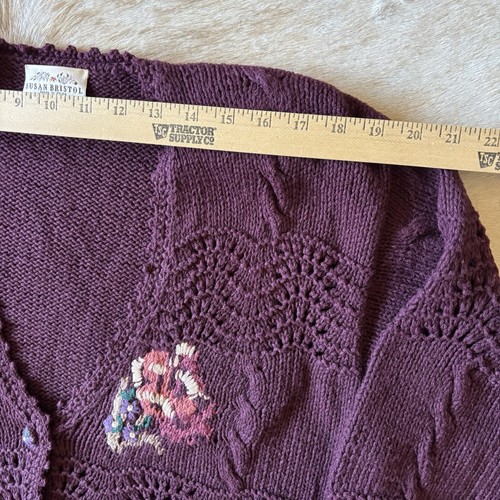 Vtg Susan Bristol Sweater Cardigan XL Purple Floral Hand Knit Garden Cottage 90s - Picture 15 of 20