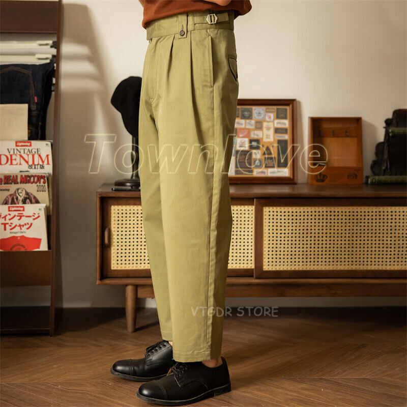 Men's 100% Cotton Retro Gurkha Pants Double Pleated Pants