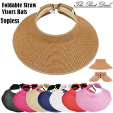 Womens Summer Foldable Straw Sun Visor Hat Roll Up Wide Brim Topless Outdoor Cap