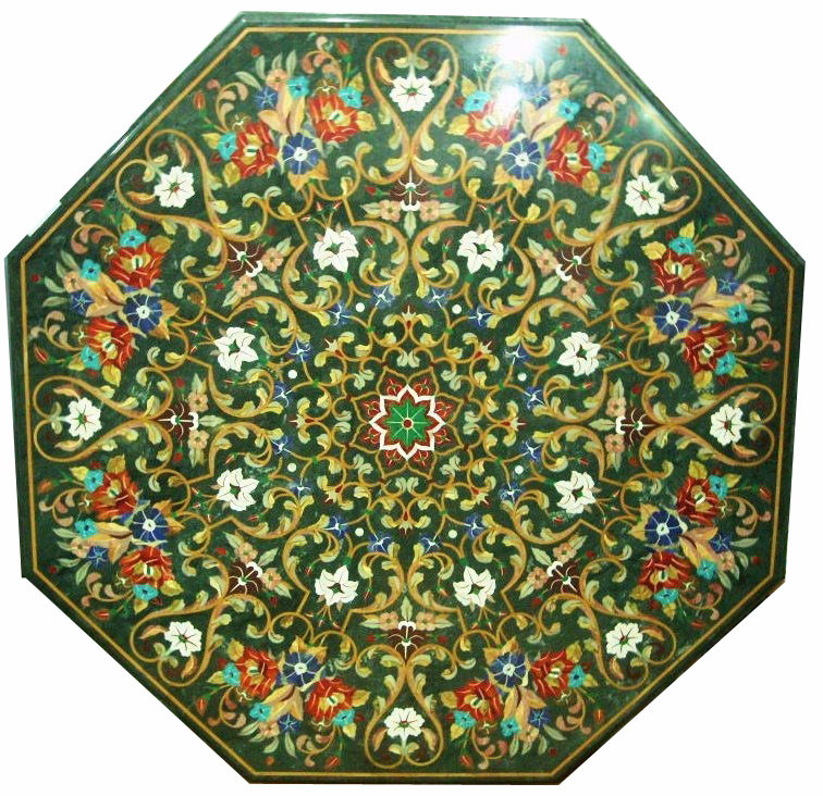 48-inch green marble floral inlay table top with semi-precious stones for home or patio decor