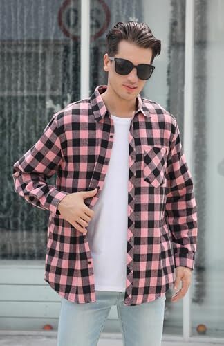 Camicia Uomo Flanella A Quadri Buffalo | Cotone Misto | Maniche Lunghe Button Down | Colore Nero/Rosa, Taglia S - 2