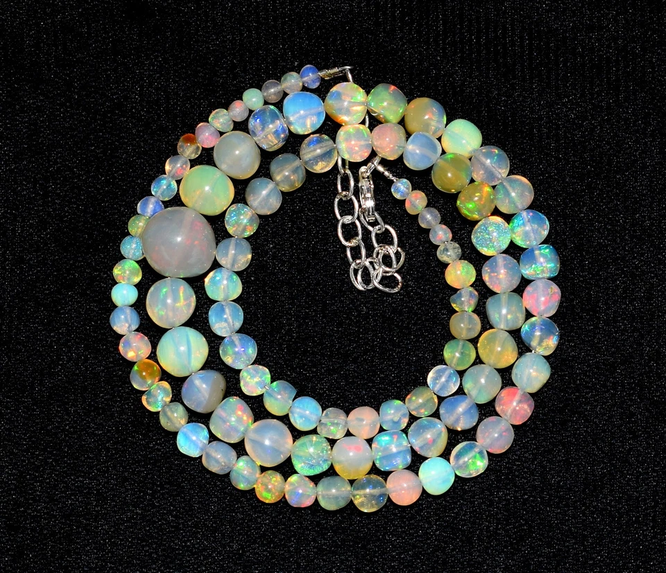 Solid925 Collana Argento 16 " Naturale Etiope Opale Pietra Rotondo Palline - Immagine 2 di 4