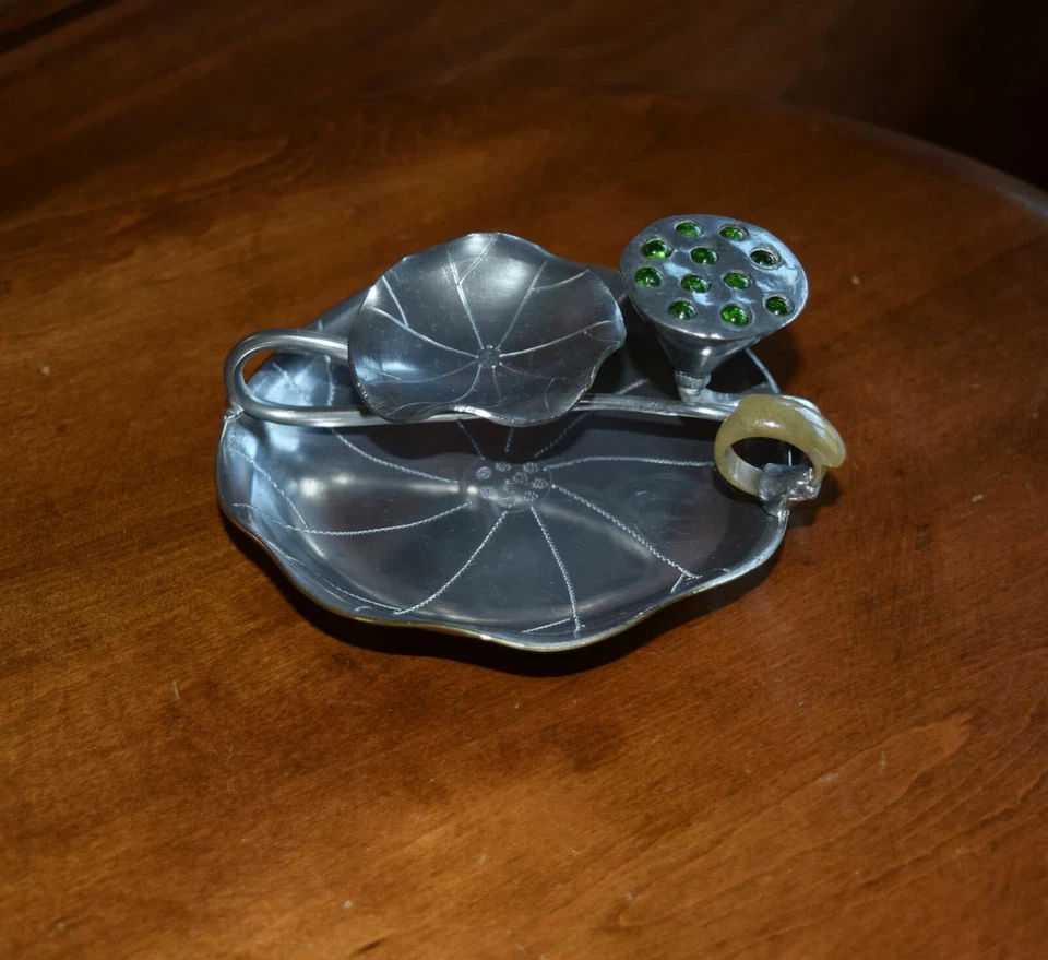 Chinese Pewter Brush Rest ~ Jade Handle ~ Lotus Flower Seeds Peridot Stones  - Image 4 of 4