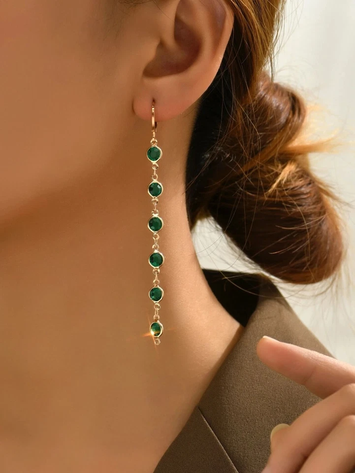 1pair Womens Girls Long Gold Metal Green Rhinestone Decor Dangle Drop Earrings - Image 2 of 3
