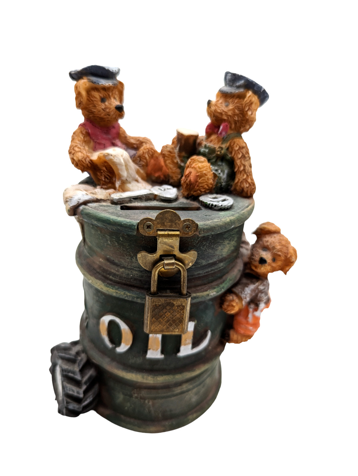 Vintage  Teddy Bears Sitting On Oil Can Collectible Coin Piggy Bank With Lock