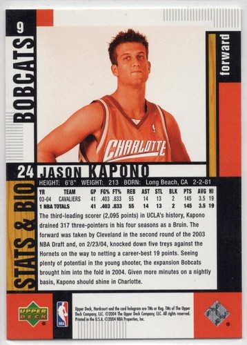 2004-05 Upper Deck Hardcourt Jason Kapono Charlotte Bobcats #9 - Picture 2 of 2
