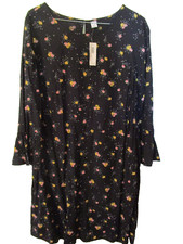 New! Old Navy Medium Black Floral Dress Pink Flowers Bell Sleeves Rayon