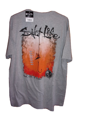 SALT LIFE HOOK LINE AND SINKER COTTON POCKET T-SHIRT GRAY ORANGE  SZ LARGE-NEW