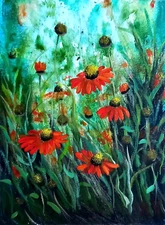 Originalb Acrylic Painting Landscape Red Flowers Wall Art 7 x 10 in