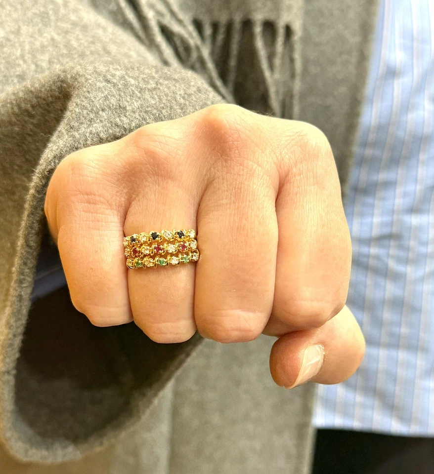 Bague or jaune 18 carats pierres précieuses et diamants  , taille 51 ajustable - Photo 2/4