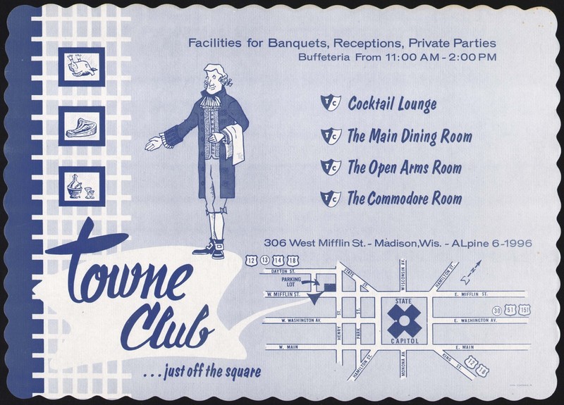 Vintage placemat TOWNE CLUB restaurant cocktail lounge man map Madison Wisconsin