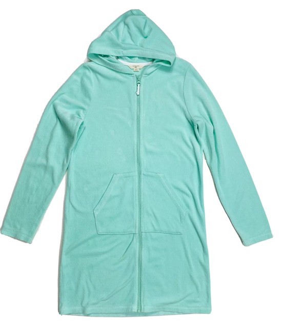 LANDS' END Girls Light Mint Green Zip Terry Hooded Swim Beach CoverUp