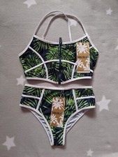 Soul Cal - Navy Blue Green Palm Print Bikini Set, UK Size 10, Sporty/Holiday