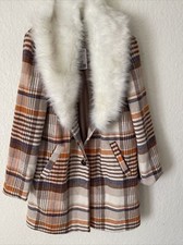 Forever 21 Wool Blend Faux Fur Collar Brown Tweed Check Outerwear Coat. Size L
