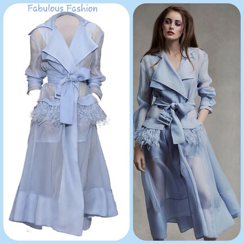 Elegant Baby Blue w/Applique Pockets Chiffon Belted Trench Coat L - Picture 10 of 12