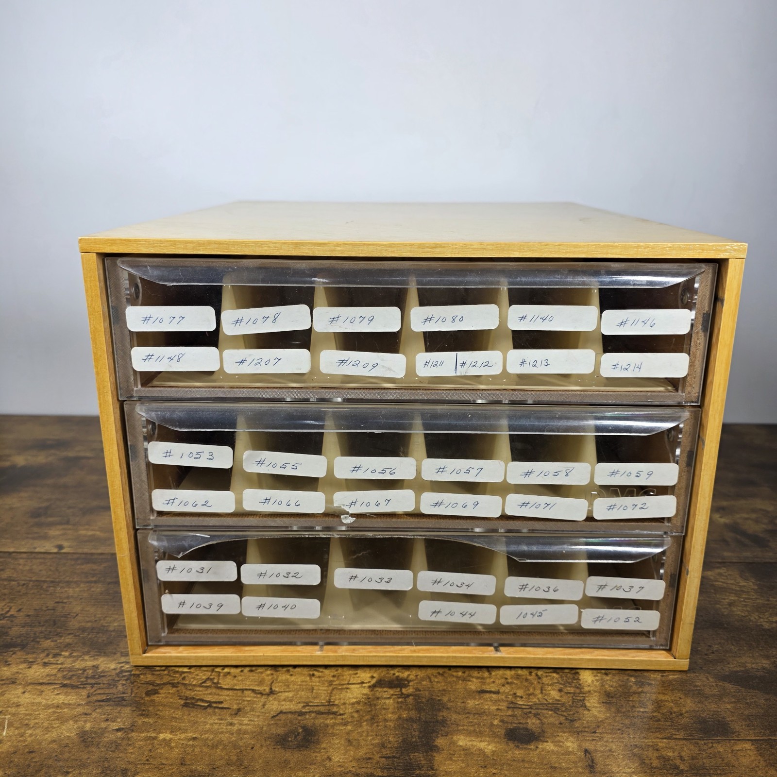 Vintage DMC Thread Floss Wooden 3 Drawer Box Embroidery Storage with Dividers 