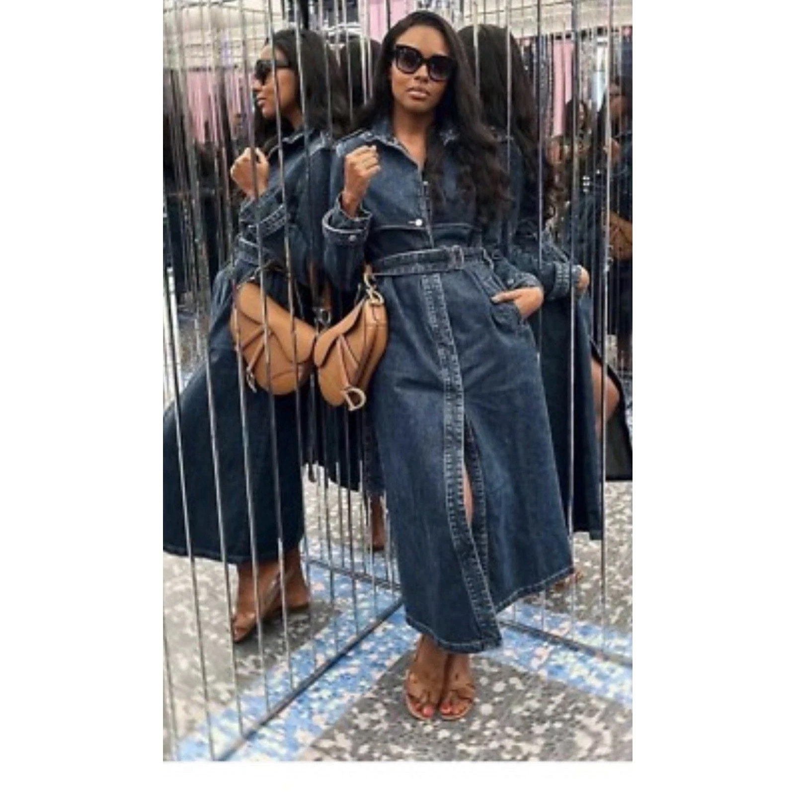 Zara Woman Denim Trench Coat Dress Size Small Midi Button Front blue